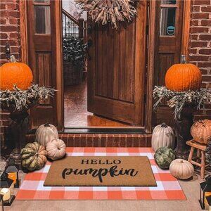 Fall Welcome Mat Set: Coco Coir Mat & 28x43 Orange/White Plaid Rug -Autumn Decor